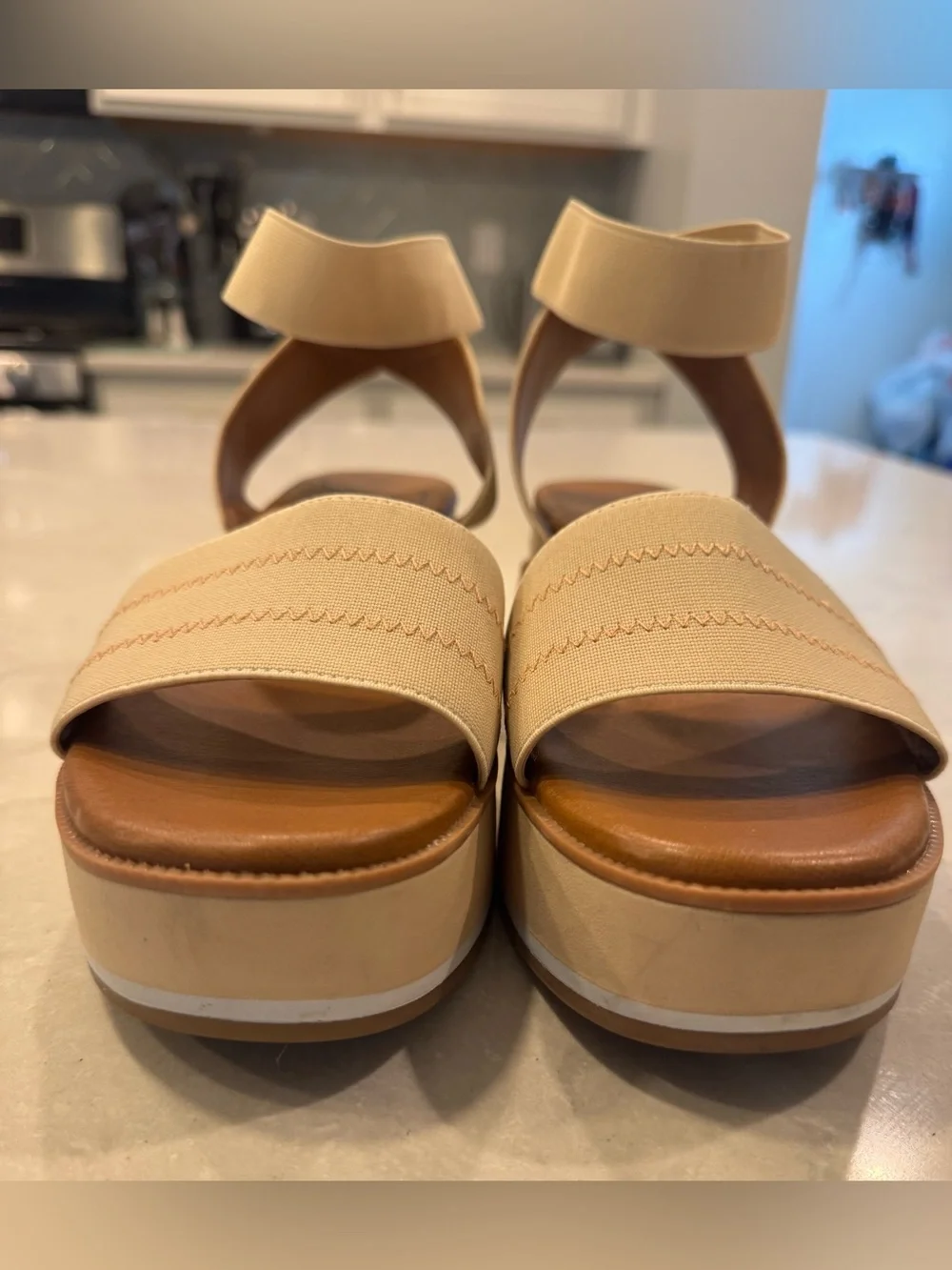 Platform Sandal in Beige Cream - Women's Elastic Strap